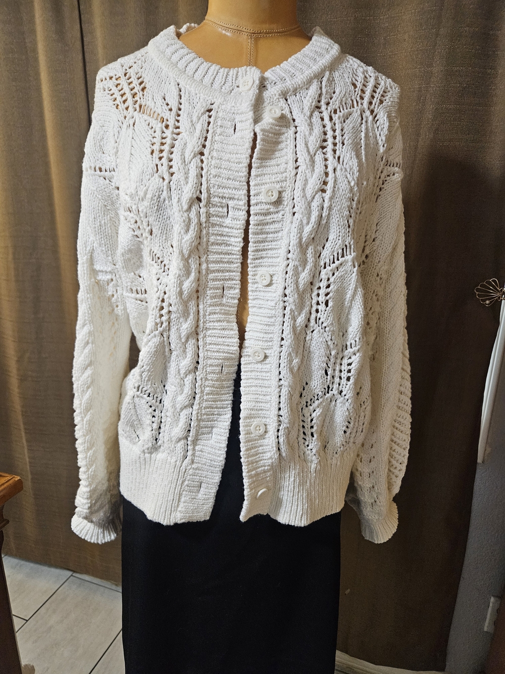 Joie White Openwork Cable-Knit Button Cardigan